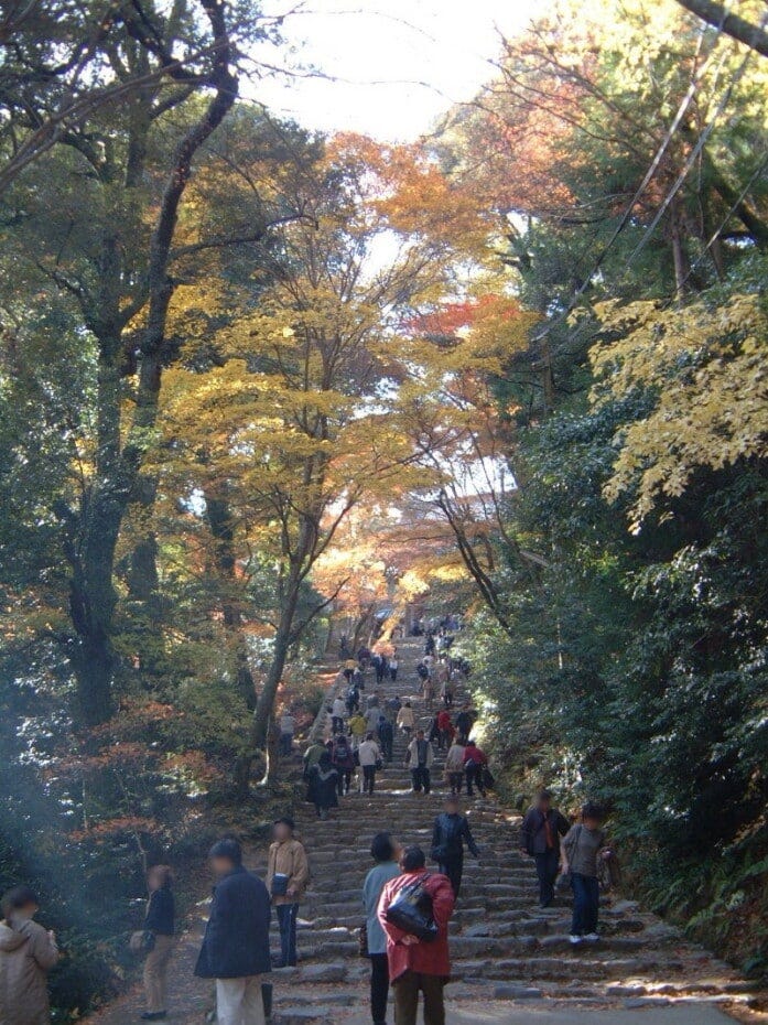 神護寺の楼門に続く長い石段と紅葉・黄葉（2002年11月22日撮影）