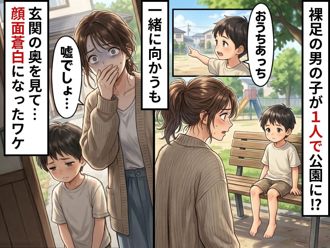 裸足の男の子が…1人で公園に！？「おうちあっち」一緒に向かうも⇒玄関の奥を見て「嘘でしょ…」顔面蒼白になったワケ