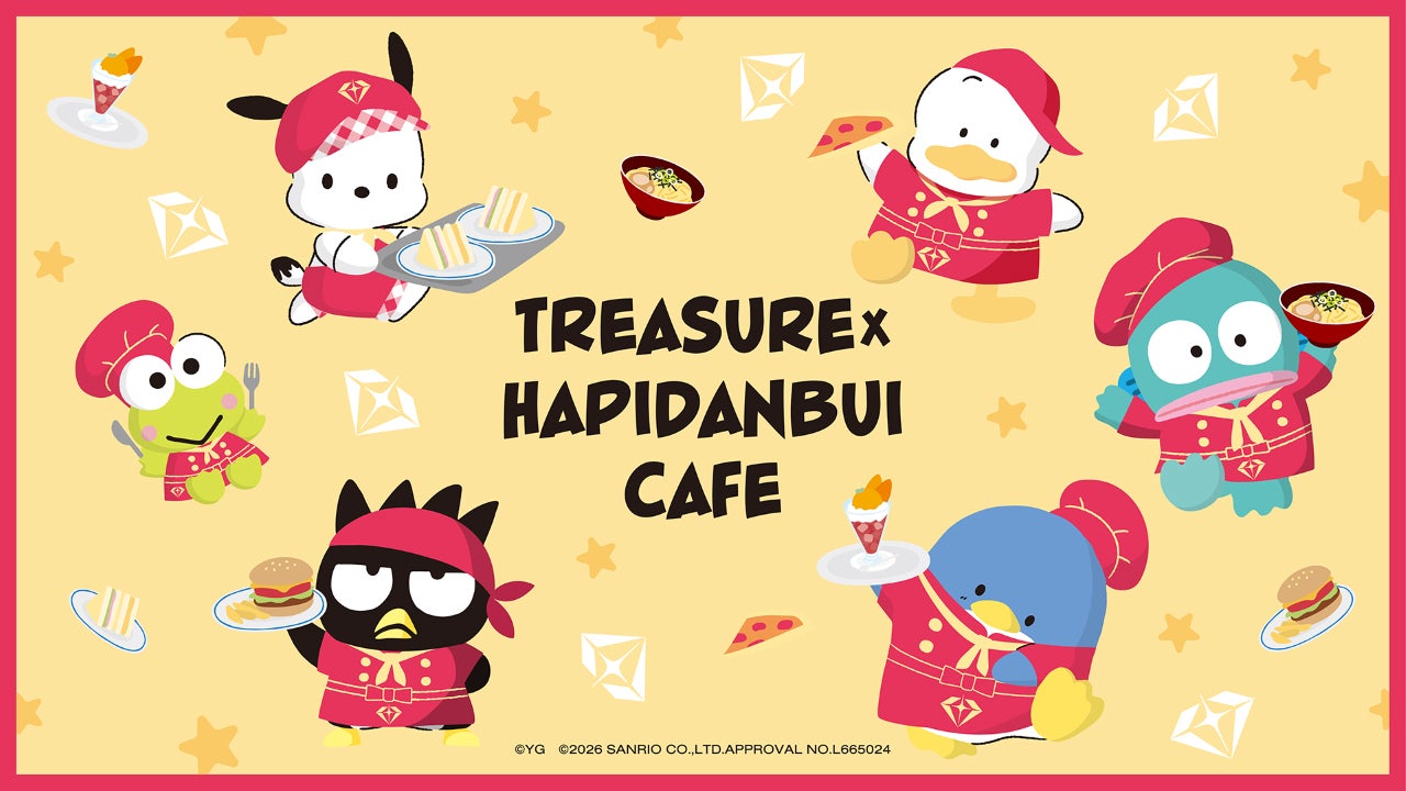 TREASURE×HAPIDANBUI CAFE（C）2026 SANRIO CO., LTD. APPROVAL NO. L665024 （C）YG. All rights reserved.