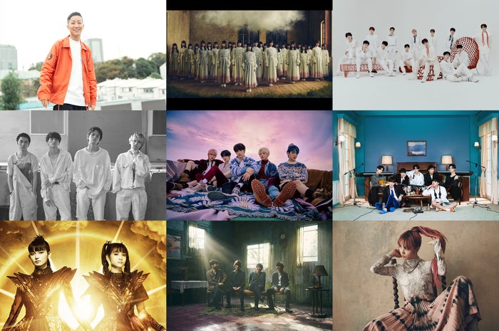 （上段）瑛人、櫻坂46、SEVENTEEN（中段）DISH//、TOMORROW X TOGETHER、BTS（下段）BABYMETAL、Mr.Children、LiSA（提供写真）