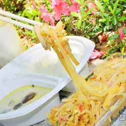 (右から)パッタイ、グリーンカレー、マンゴースムージー