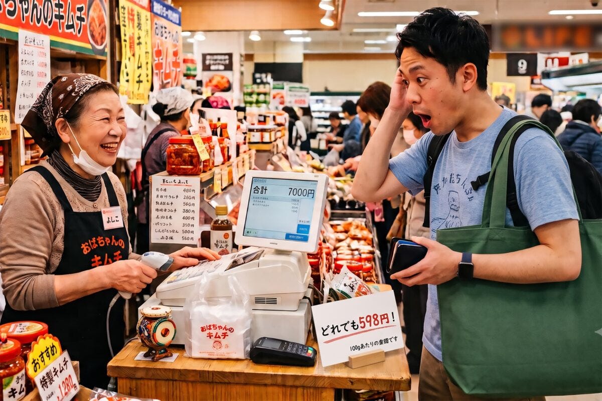 スーパーの一角にあるキムチ店の値段に驚く男性
