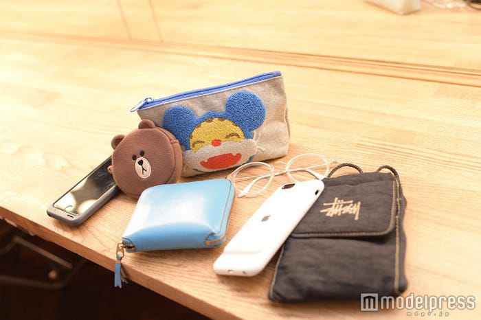 (左から)充電器付きケースを装備したiPhone、ブラウンの小物いれ、にゃんちゅうのメイクポーチ、COMME des GARCONSのサイフ、メガネ、充電器付きiPhoneケース、STUSSYの小物入れ(C)モデルプレス