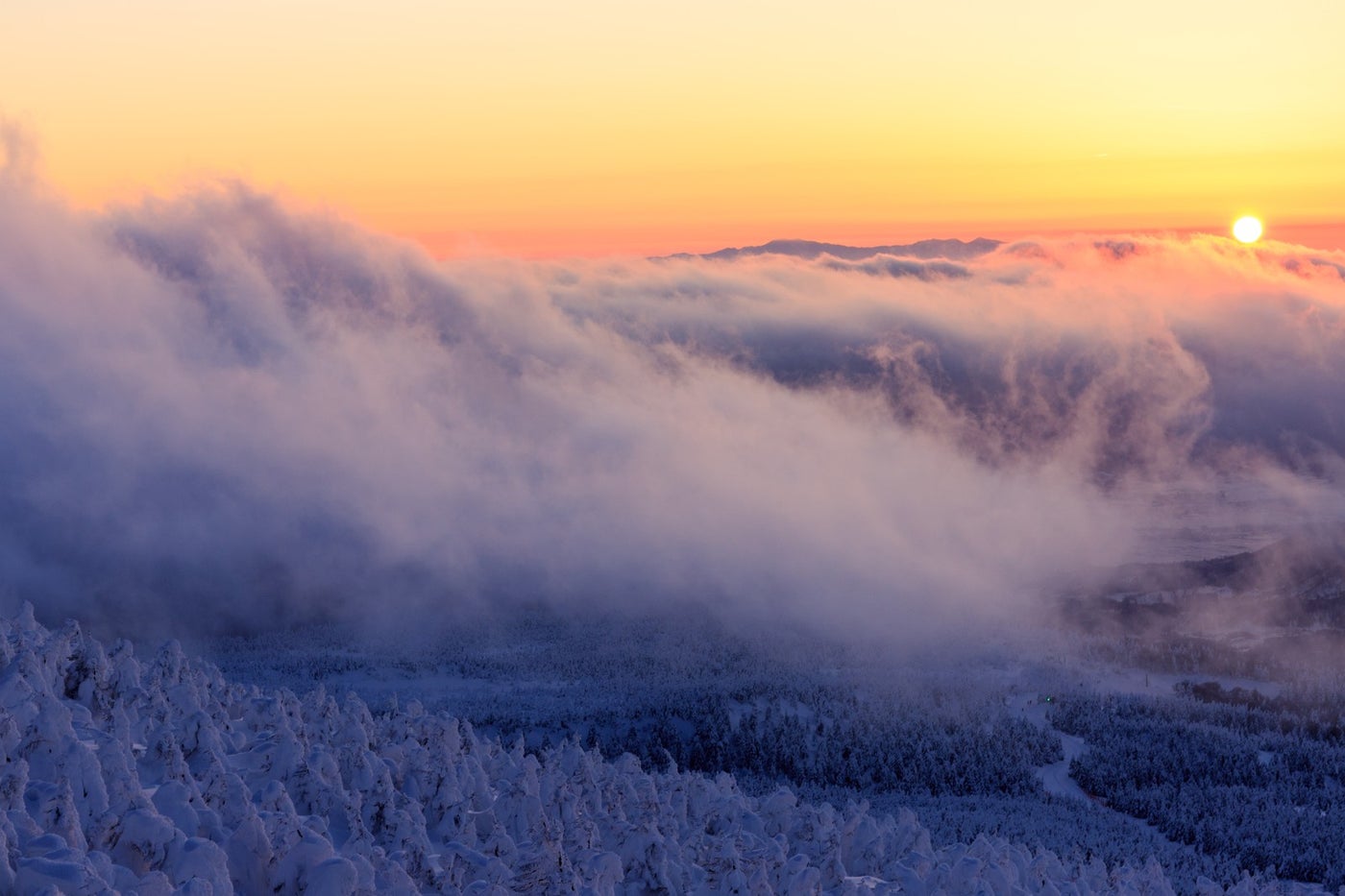 山頂の樹氷と夕暮れ（写真素材ぱくたそ／photo：あめまん）