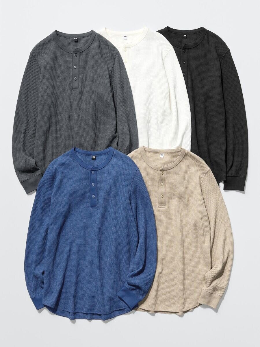 グレー、白、黒、青、ベージュのワッフルヘンリーネックT グレー、白、黒、青、ベージュのワッフルヘンリーネックT