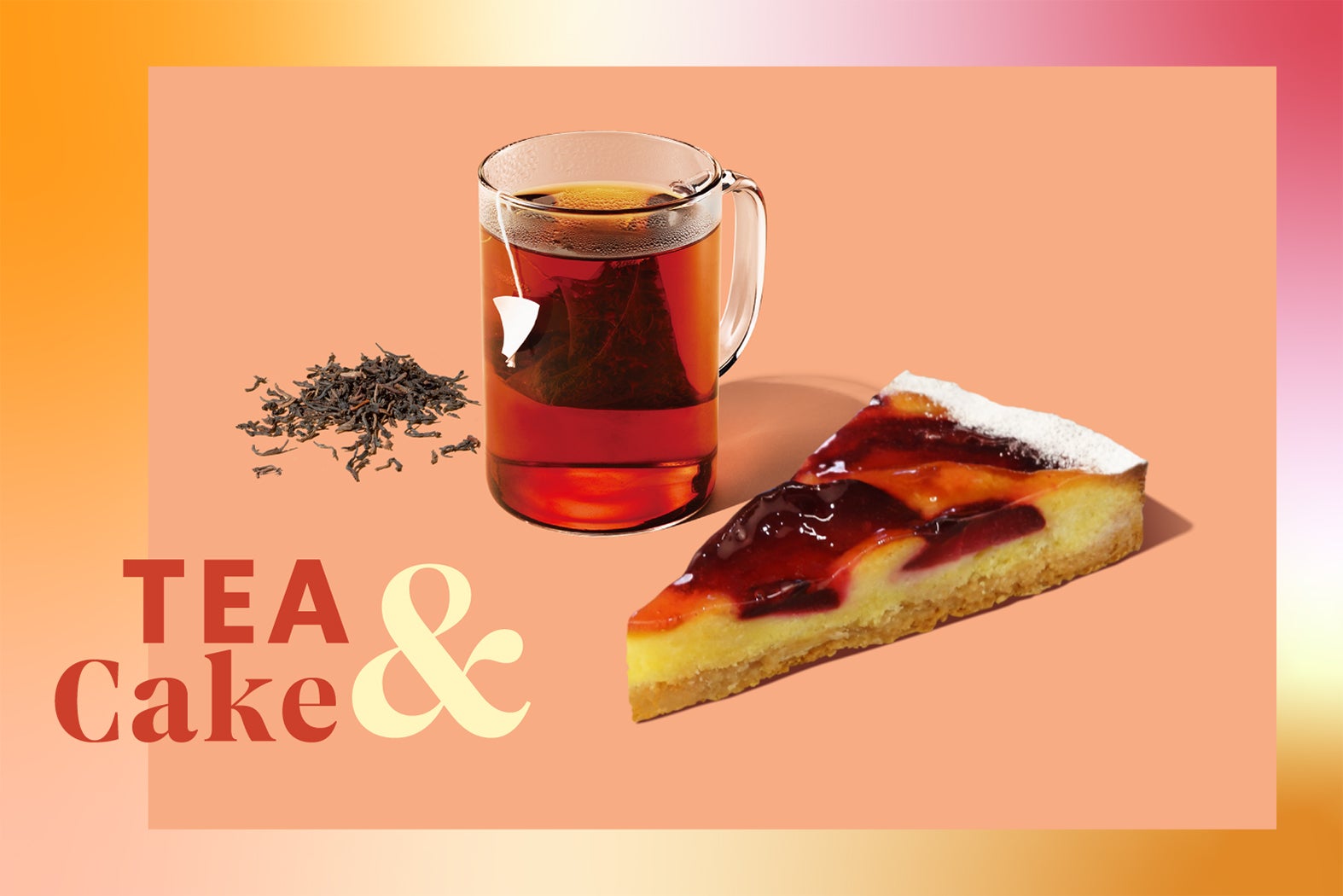 トルタ ペスカ ロッサ¥864 ＜持ち帰りの場合＞ ／ ¥880＜店内利用の場合＞、ルワンダ ブラック ティー¥540＜持ち帰りの場合＞ ／ ¥550＜店内利用の場合＞（提供写真）