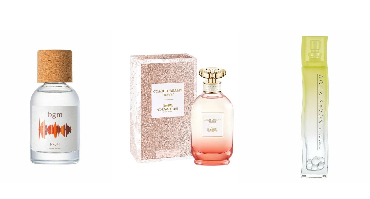 （左から）【ビージーエム】ビージーエム オードパルファム NO.041、【コーチ】ドリームス サンセット オードパルファム、【アクア シャボン】シャルドネブリュットの香り オードトワレ