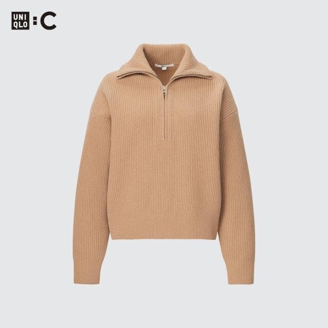 ユニクロ　ゆったり秋トップス　体型カバー　プレミアムラムハーフジップセーター
