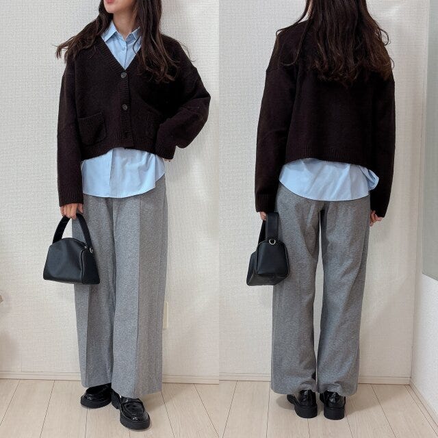 ユニクロスフレヤーンショートカーディガン ユニクロスフレヤーンショートカーディガンとブルーシャツのレイヤードコーデ