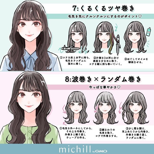 ロングヘア　巻き髪　簡単すぎ　3分で完成　あおいみのこ　イラスト　くるくるツヤ巻き　波巻き×ランダム巻き