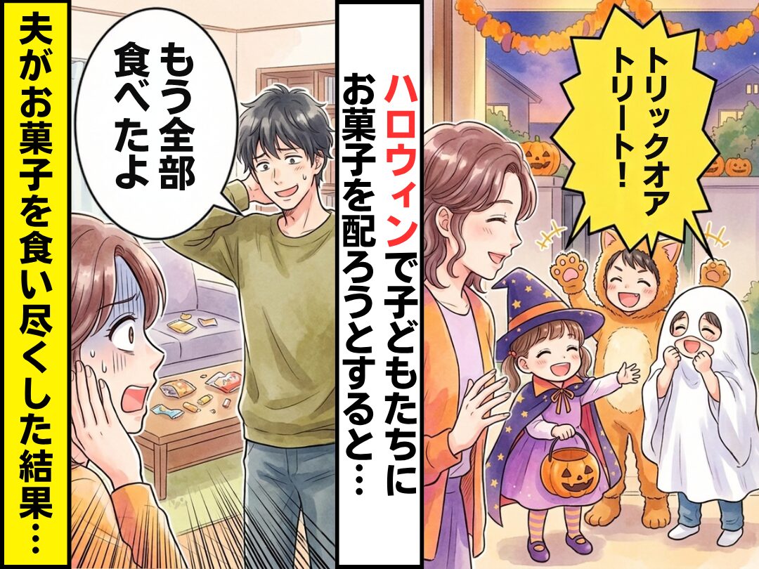 「トリックオアトリート！」お菓子を渡そうとすると…夫「もう食べたよ」だが直後⇒夫が真っ青になって駆け出した話