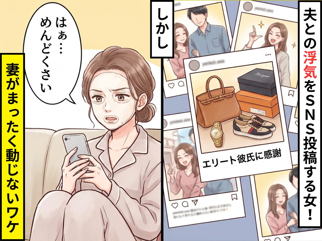 「エリート彼氏に感謝」夫との浮気をSNS投稿する女！？しかし「はぁ…めんどくさい」⇒妻がまったく動じないワケ
