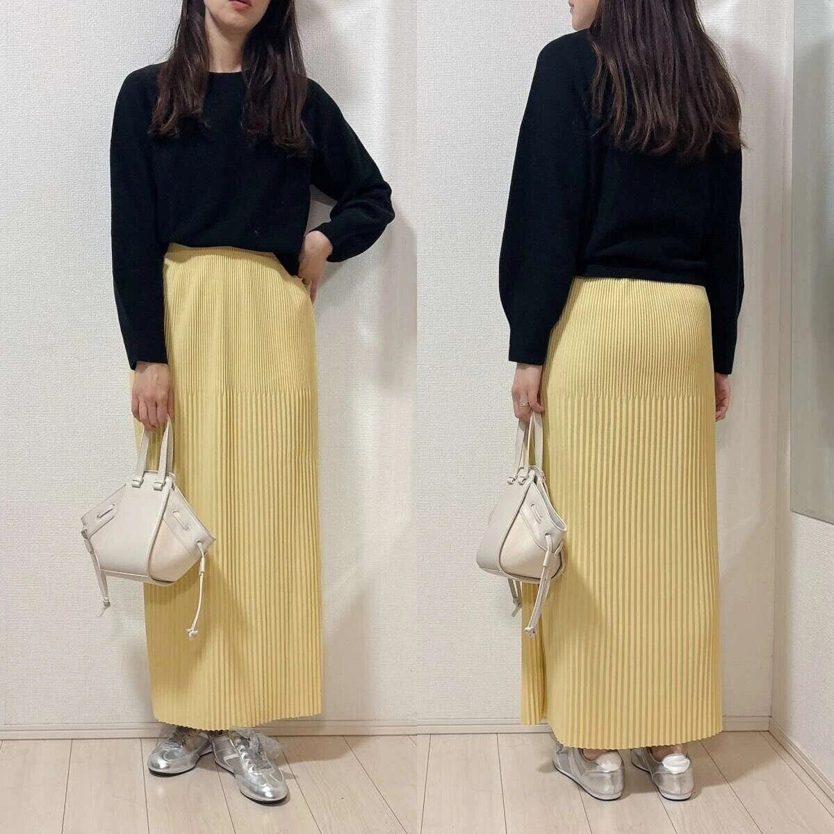 お手本コーデ ユニクロ値下げ黒3Dコットンクルーネックボリュームスリーブセーターお手本コーデ