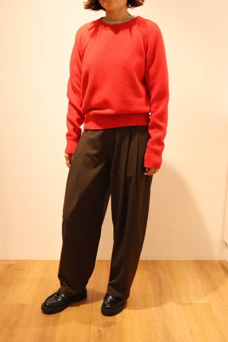 赤いセーターとワイドパンツ、ローファーを履いた女性の全身 赤いセーターとワイドパンツ、ローファーを履いた女性の全身