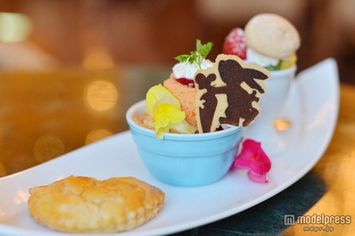 デザートメドレー(パンナコッタ、ニンジンロールケーキ、ダコワーズとフルーツ、クランブルとカスタードクリーム、ミートパイ)