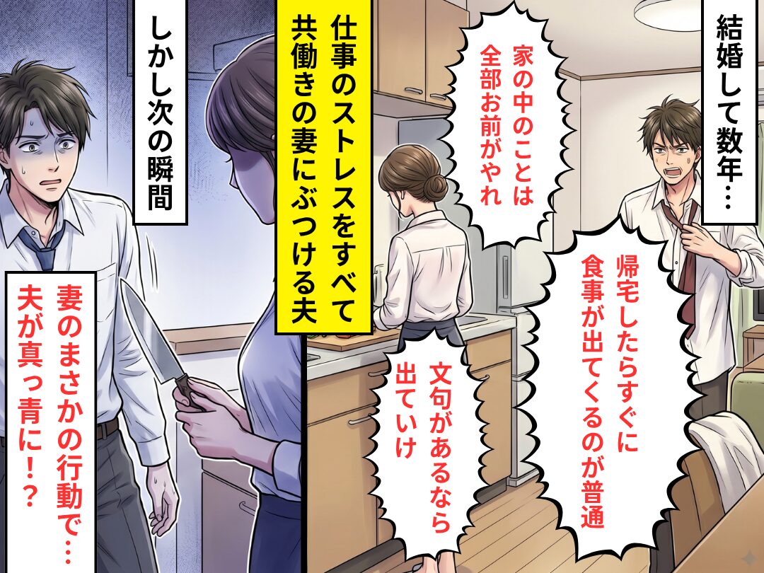 仕事のストレスを…“共働きの妻”にぶつける夫！？だが直後⇒振り返った妻の行動で【夫が真っ青になったワケ】
