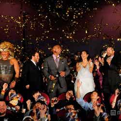 『ヘラクレス』ジャパンプレミアイベント舞台挨拶の様子／写真左から：武藤敬司、ブレット・ラトナー監督、ドウェイン・ジョンソン、すみれ、ポー・フリンプロデューサー