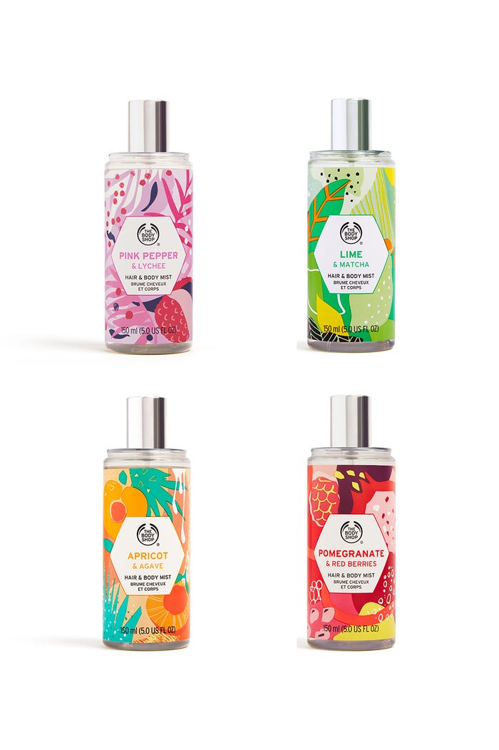 (上段左から)「ヘア&ボディミスト ピンクペッパー&ライチ」「同 ライム&マッチャ」(下段左から)「同 アプリコット&アガベ」「同 ポメグラネート&レッドベリーズ」※下段の商品はプレゼントの対象ではありません(提供写真)