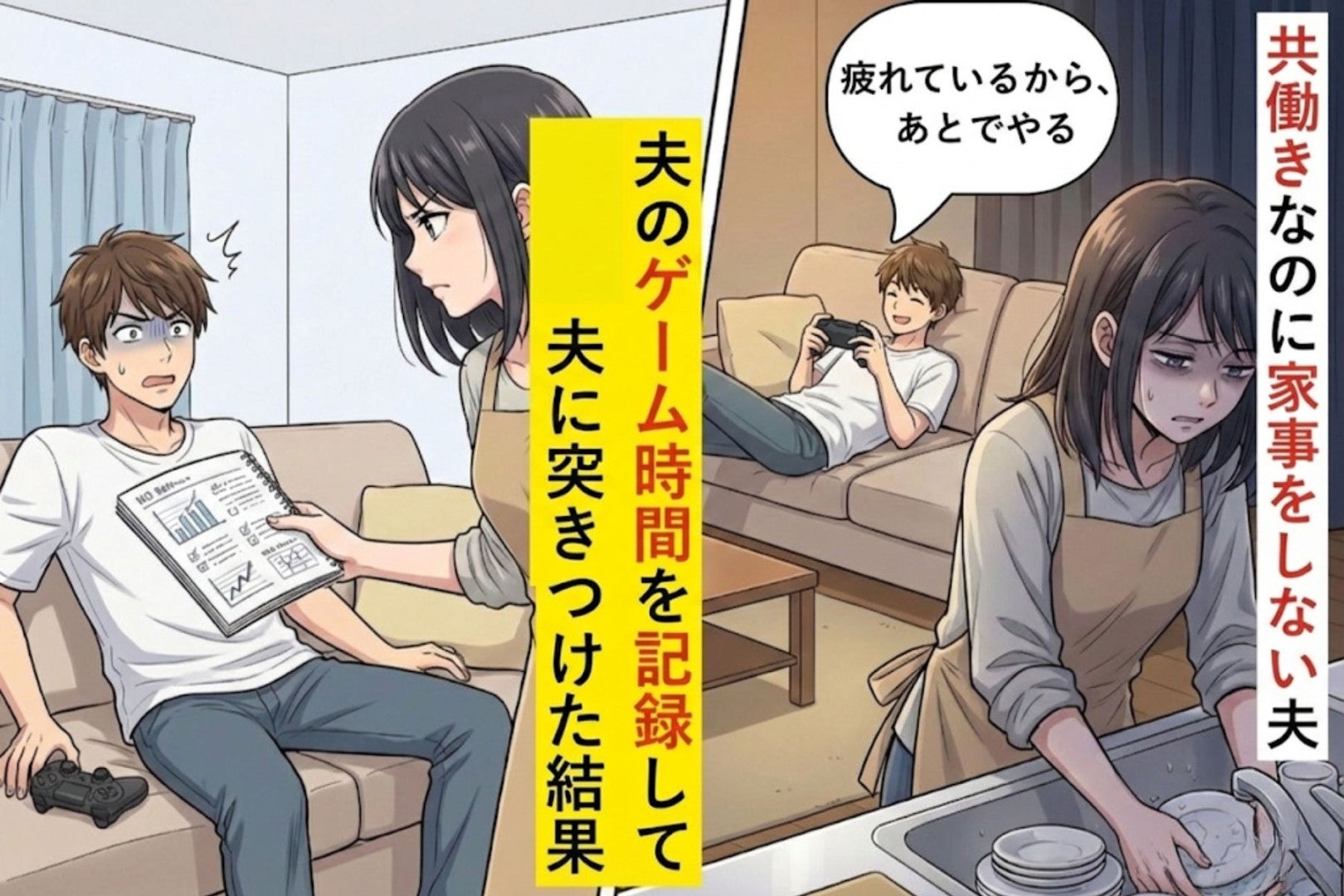 「疲れているから、あとでやる」共働きなのに家事をしない夫→夫の「ゲーム時間」を記録して突きつけた