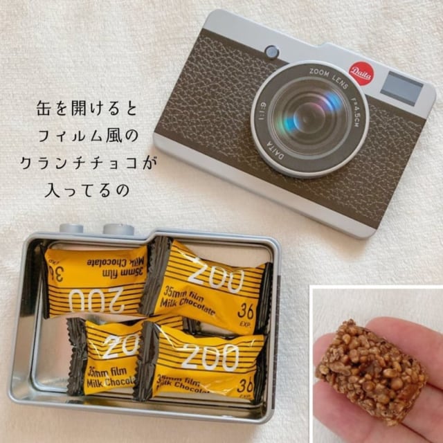 フタを開けたカメラ缶チョコレート