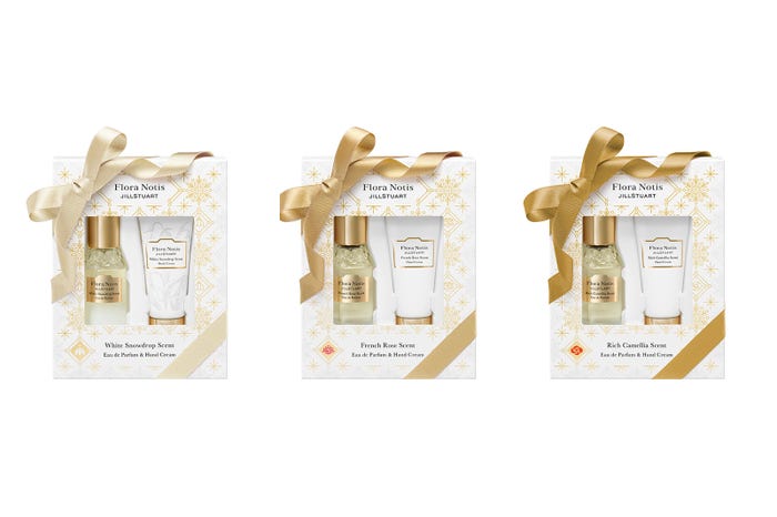 (左から)「オードパルファン&ハンドクリーム ホワイトスノードロップ」、「同 フレンチローズ」、「同 リッチカメリア」(※オードパルファンは肌が敏感な場合は直接つけず、肌着や衣服の裏地への使用を推奨/ハンドクリームはボディ・ハンドのみの使用を推奨)(C)Flora Notis JILL STUART