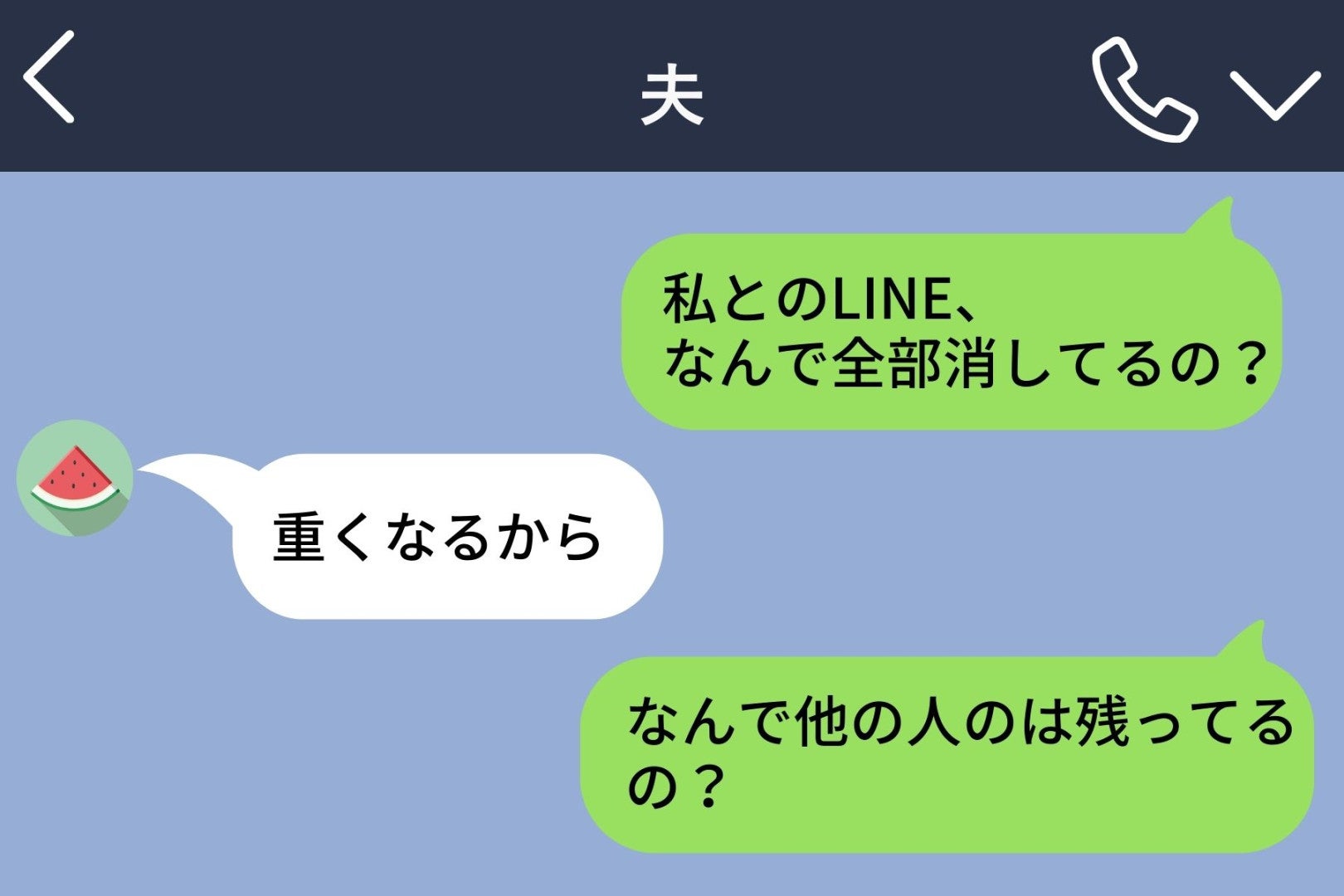 夫のスマホを借りたら、私とのLINE履歴だけが全部消えていた...→問い詰めても答えてもらえなかった