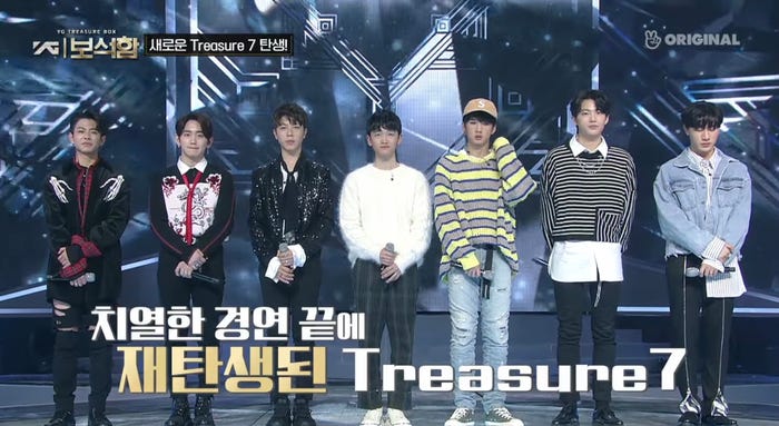 新たなTreasure7(ケイタ、マシホ、ソ・ジョンファン、キム・ヨンギュ、ハ・ユンビン、キム・ジュンギュ、バン・イェダム /「YG宝石箱」公式YouTubeより
