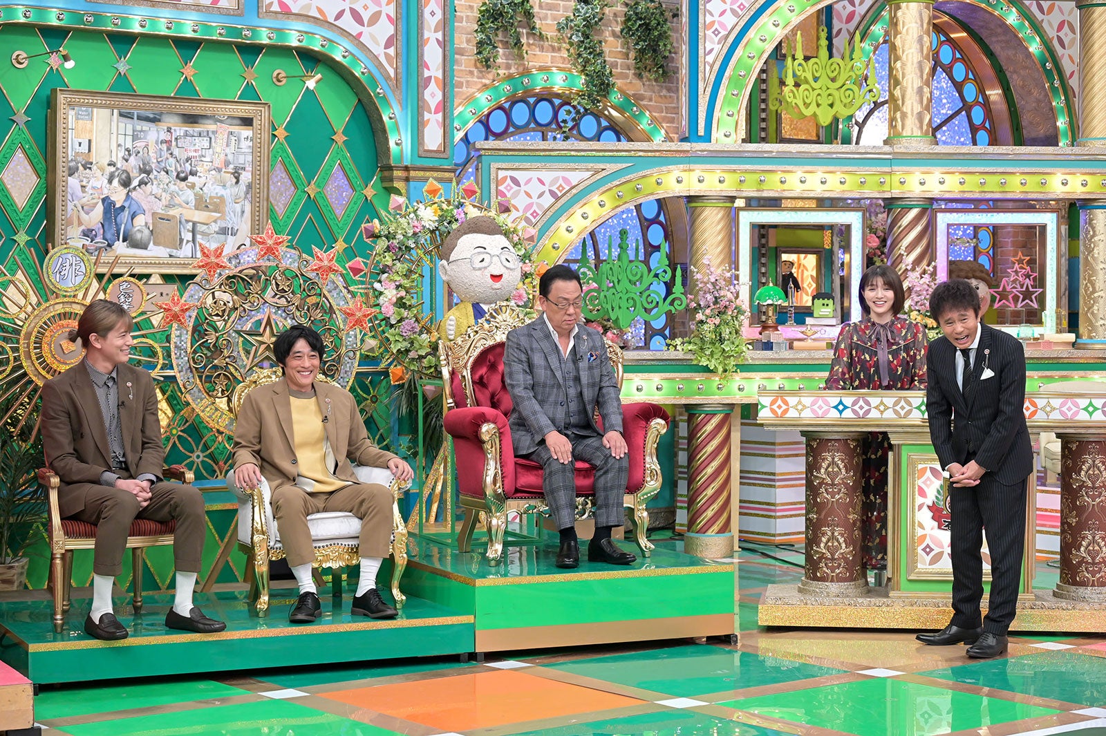 （左から）岩永徹也、村上健志、梅沢富美男、清水麻椰アナウンサー、浜田雅功（C）MBS