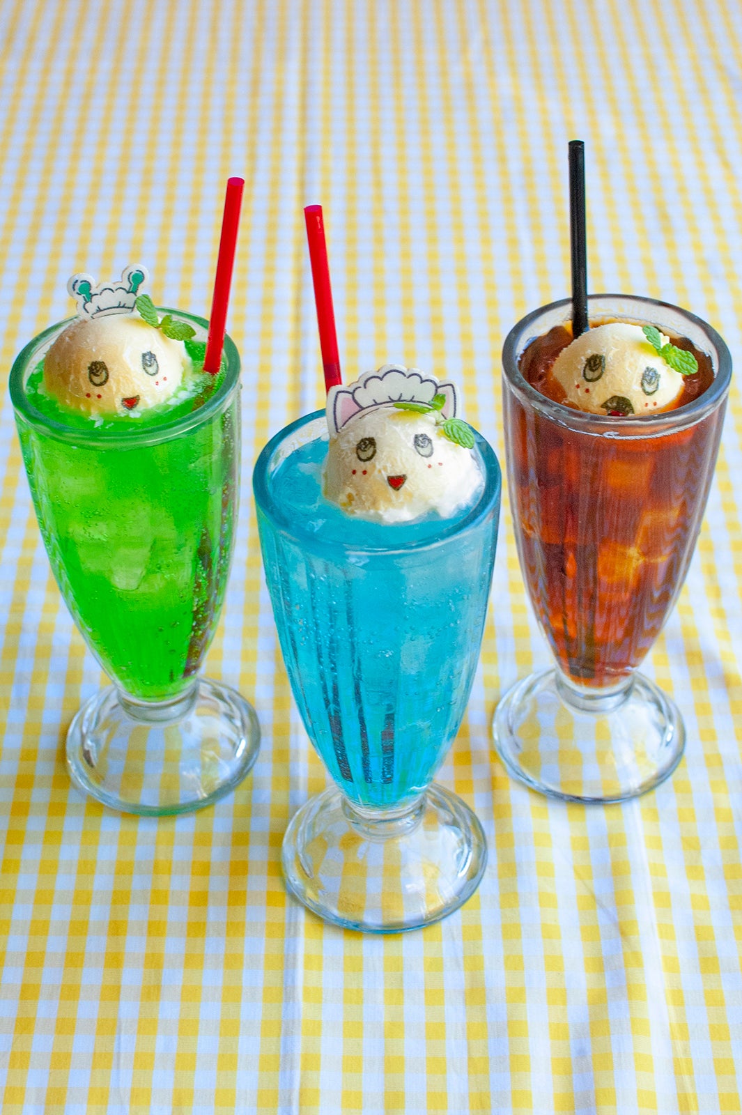 ふなっしーマスターのコーヒーフロート、ふなごろーのクリームソーダ、ふにゃっしーのラムネフロート各700円／画像提供：東急ハンズ