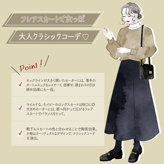 ユニクロ　プレミアムラムボリュームスリーブセーター　イラスト　スカート　コーデ