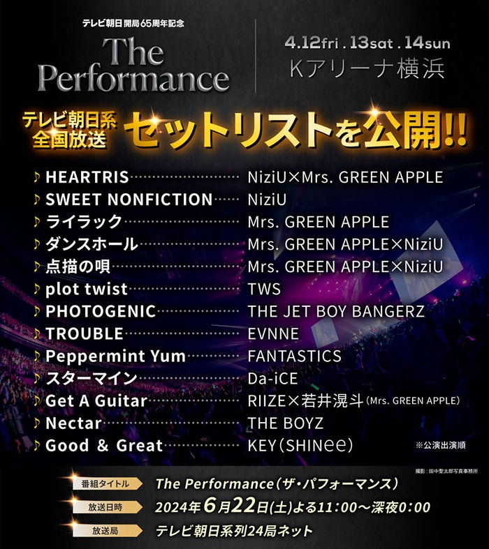 Mrs. GREEN APPLE・NiziUら出演「The Performance」放送前にセットリスト初公開