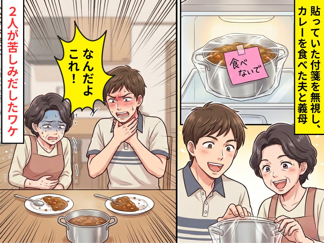 「食べないで」貼っていた付箋を無視し…勝手にカレーを食べた夫と義母！？しかし直後⇒2人が苦しみだしたワケ