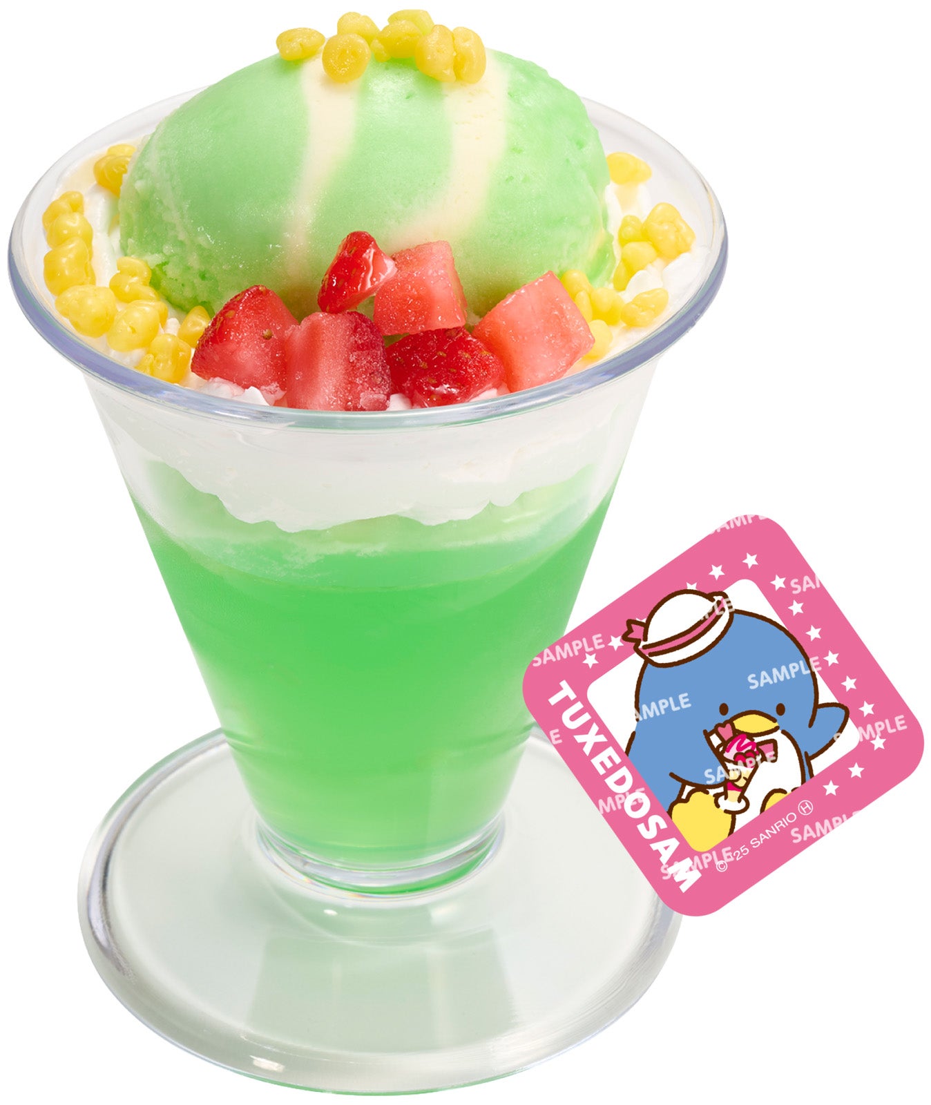 はじけるメロンソーダ風パフェ はぴだんぶいコラボ限定ステッカー付き税込360円～（C）2025 SANRIO CO．，LTD．APPROVAL NO．L660170