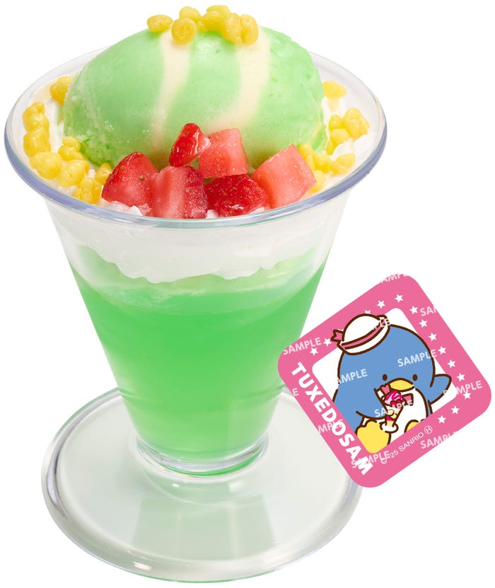 はじけるメロンソーダ風パフェ はぴだんぶいコラボ限定ステッカー付き税込360円~(C)2025 SANRIO CO.,LTD.APPROVAL NO.L660170