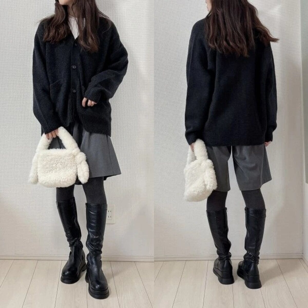 2026gu女性おすすめパフニットVネックカーディガンお手本コーデ
