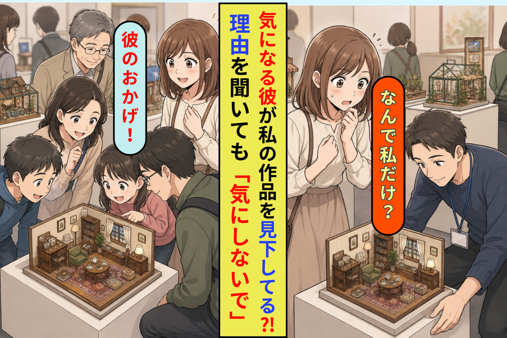 気になる彼が私の作品だけ展示台を低く下げた。理由を聞いても「気にしないで」とそっけなくて