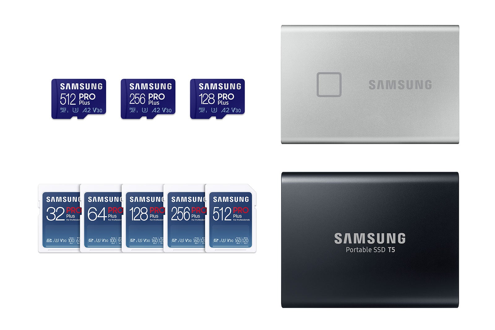 （左上）microSD Card PRO Plus、（左下）SD Card PRO Plus、（右上）Portable SSD T7 Touch、（右下）Portable SSD T5