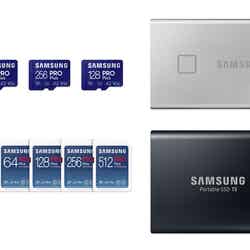 （左上）microSD Card PRO Plus、（左下）SD Card PRO Plus、（右上）Portable SSD T7 Touch、（右下）Portable SSD T5