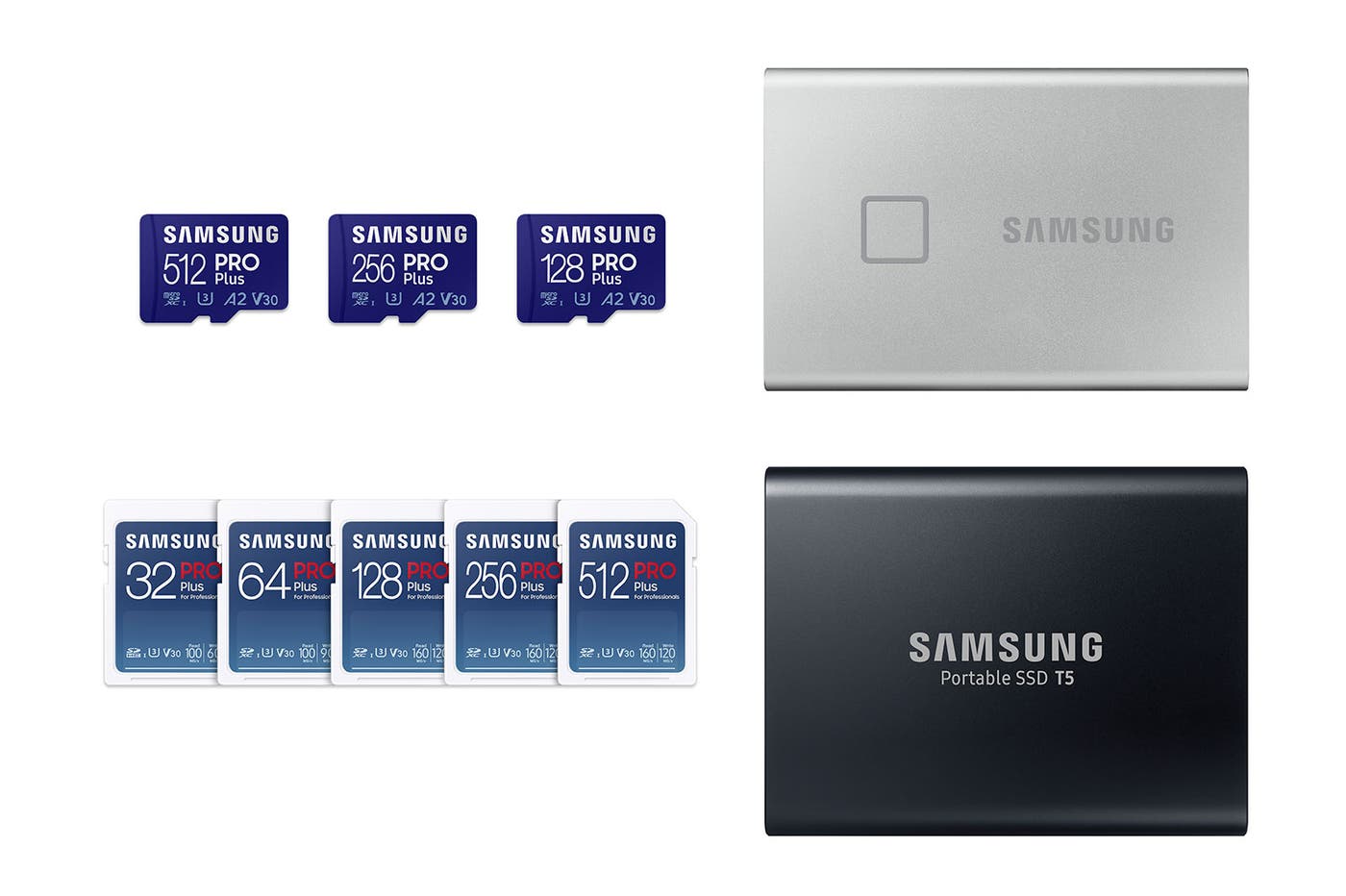 (左上)microSD Card PRO Plus、(左下)SD Card PRO Plus、(右上)Portable SSD T7 Touch、(右下)Portable SSD T5