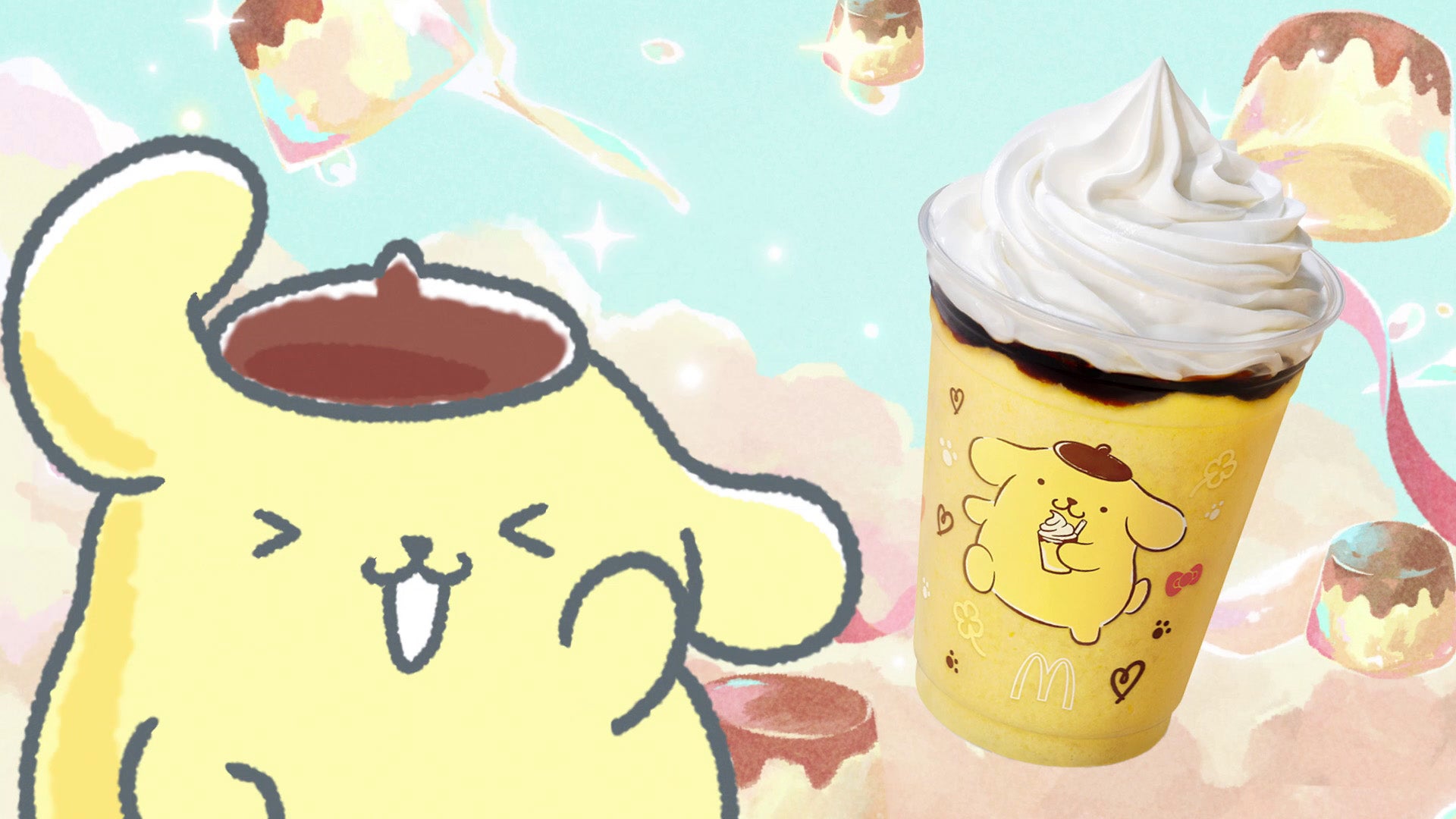 ポムポムプリンのクリーミープリンフラッペ／マクドナルド新CM「マックに甘いの飲みにこないか キティとプリン」篇より（提供写真）