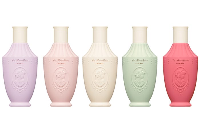 (左から)「ヴァイオレット ボディ ウォッシュ」、「ローズ ボディ ウォッシュ」、「テ ボディ ウォッシュ」、「ラベンダー ボディ ウォッシュ」、「ブラックベリー ボディ ウォッシュ」/画像提供:レ・メルヴェイユーズ ラデュレ