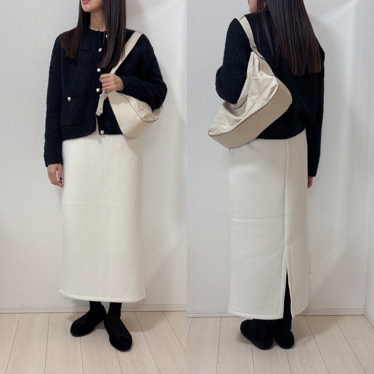 GUパフスウェットナロースカートとツイードカーディガンコーデ