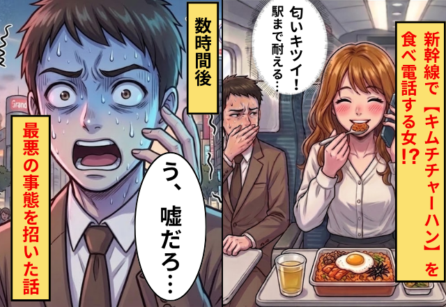 新幹線で【キムチチャーハン】を食べ電話する女！なんとか耐えるが「嘘だろ…！？」⇒最悪の事態を招いた話