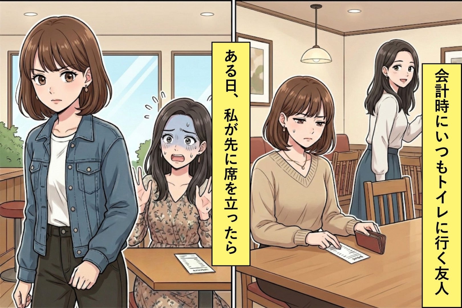 会計時にいつもトイレに行く友人→ある日、私が先に席を立ったら友人が焦り出して