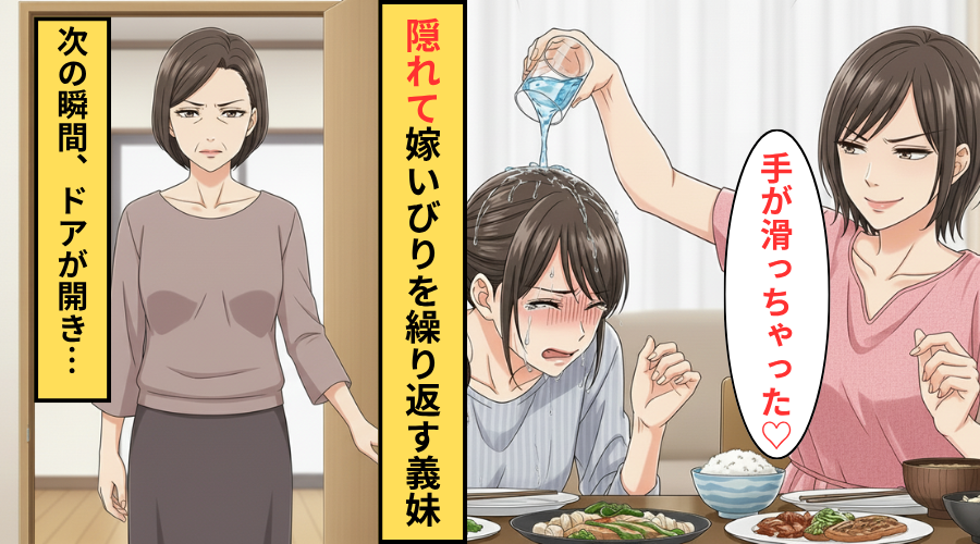 「手が滑った♡」ワザと水をかける義妹！だが直後「何やってるのかしら」義母が現れ…義妹「えっ！」
