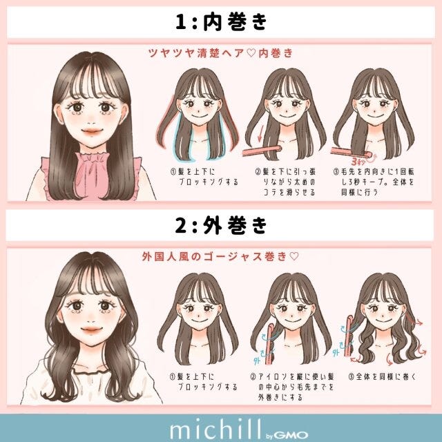 ダークカラー×ロングヘア　巻き髪　8style　重たく見せない　kyoko.　イラスト　内巻き　外巻き