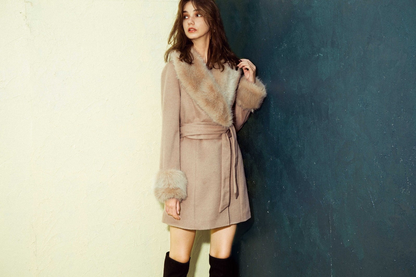 サッシュベルト付き　Faux Fur Wool MIX CT