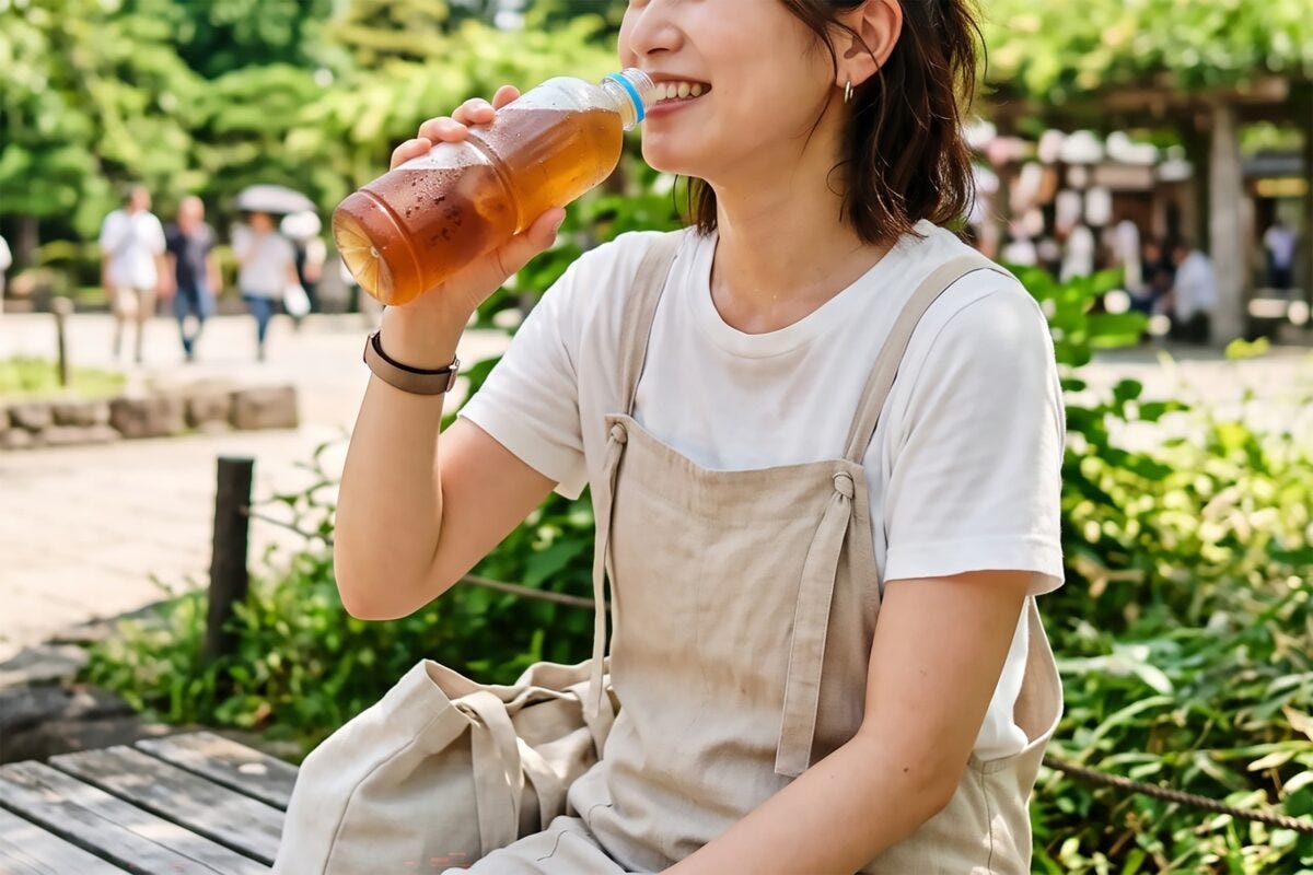 ペットボトルの麦茶を飲む女性