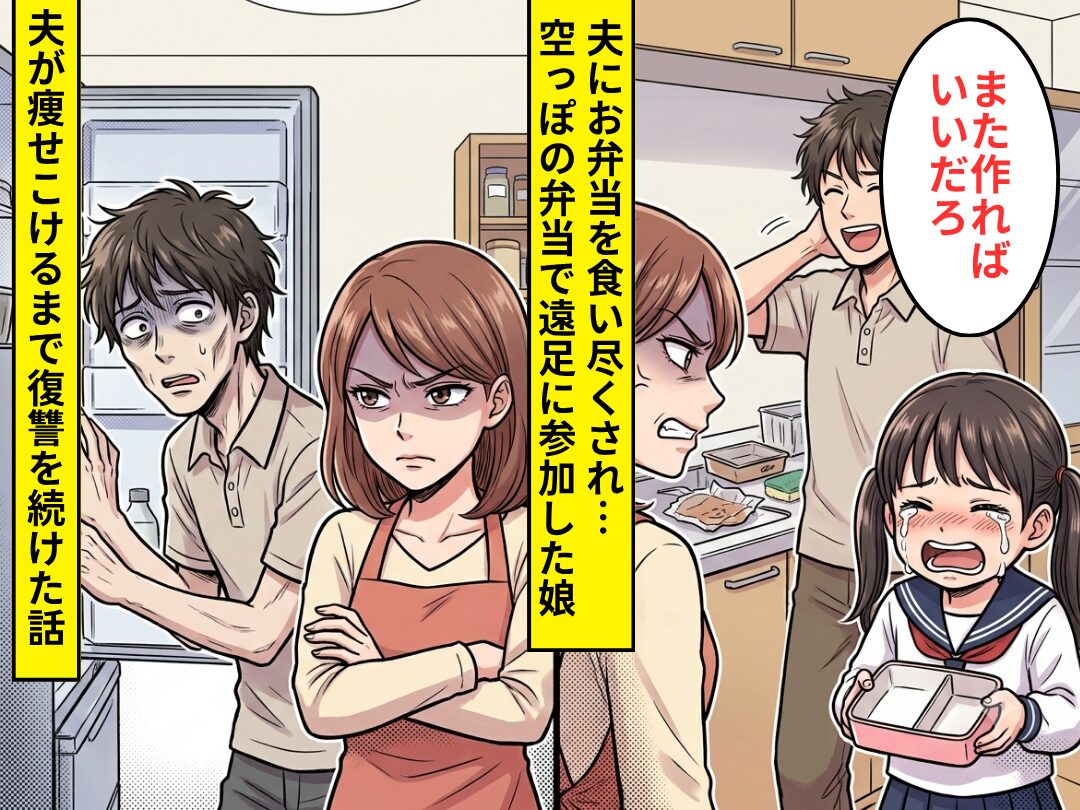 夫にお弁当を食い尽くされ…”空っぽ弁当”で遠足に参加した娘！？次の日から⇒夫が痩せるまで復讐し続けた話