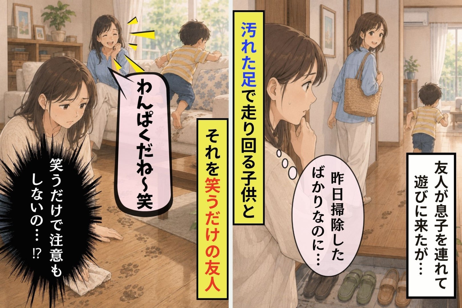汚れた足で走り回る息子、「わんぱくだね」と笑うだけの友人に、私は雑巾を差し出した